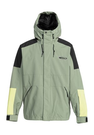 Lichtgroene hoodie-jack met zwarte schouders en gele accenten. Voorzien van ritsen en een logo op de linkerkant van de borst. Zacht, weerbestendig materiaal.