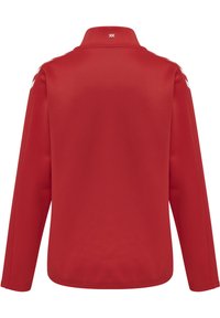 Pull rouge à manches longues avec col montant, présentant des accents blancs sur les épaules et un petit logo dans le dos au niveau du cou. Texture lisse.