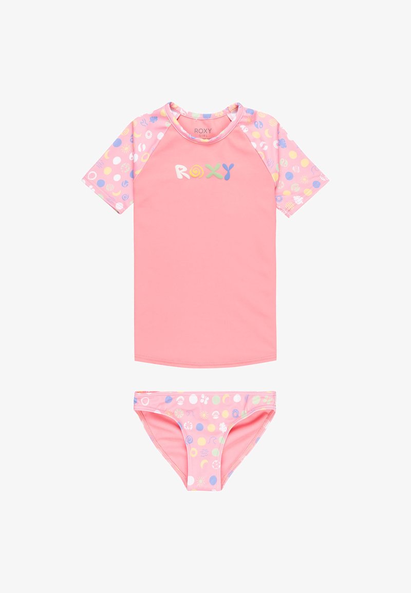 Roxy rosa baddräktstopp med färgglada mönstrade korta ärmar, parat med en matchande rosa bikiniunderdel med lekfulla flerfärgade tryck.
