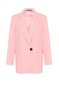 Rozā žakete ar vienu melnu pogu, iegrieztām lakotām atlokiem un divām priekšējām kabatām. Izgatavota no gludas auduma ar teksturētu oderi.