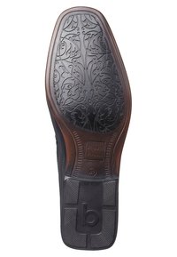 Semelle de chaussure noire avec un motif floral texturé et un bord marron. Caractéristiques de la marque "bugatti" et taille "42" sur le côté.