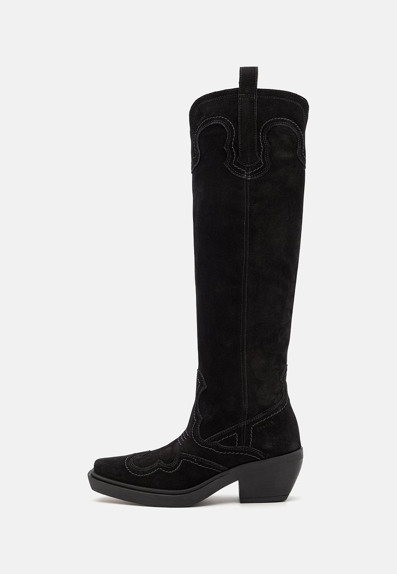 Black suede western-style knee-high boots with pointed toes, decorative stitching, and a chunky heel. Features a pull tab at the back.