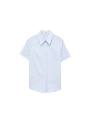Lichtblauw en wit dun gestreept korte mouw blouse met knopen en een puntige kraag, plat weergegeven op een witte achtergrond.