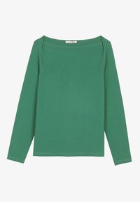 Groen overhemd met lange mouwen en een brede halslijn, gemaakt van ribgebreide stof. Beschikt over naadaccenten op de schouders en een rechte zoom.