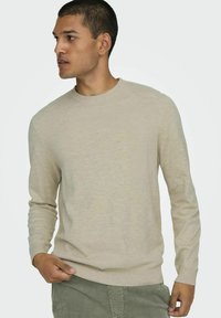 Beige langwerpige trui met lange mouwen en een ronde hals, gemaakt van een zachte stof, met geribde manchetten en zoom, gedragen over olijfgroene broek.