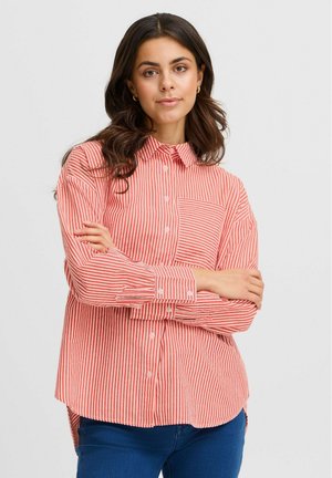 Red and white striped button-up shirt with a collar and single chest pocket; soft fabric; long sleeves with buttoned cuffs; relaxed fit.