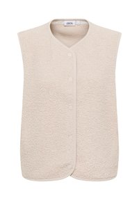 Beige bezrukávový svetr z texturovaného materiálu, s jemným vzorem, zaobleným výstřihem a pěti knoflíky vpředu. Lehce vycpaný design.