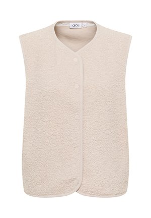 Beige mouwloos vest van gestructureerd materiaal, met een subtiel patroon, ronde halslijn en vijf knopen aan de voorkant. Licht gevoerd ontwerp.