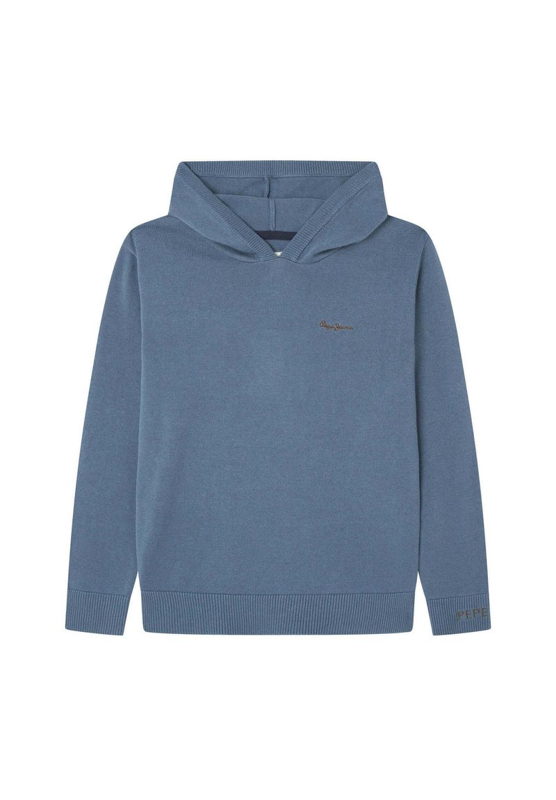 Světle modrá mikina s kapucí vyrobená z měkké tkaniny. Má design na přetáhnutí, žebrované manžety a lem, a malé hnědé logo na hrudi.