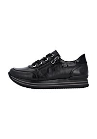 Black leather sneaker with a rounded toe, lace-up design, side zipper, and textured accents. Features a thick sole with grey stripes.