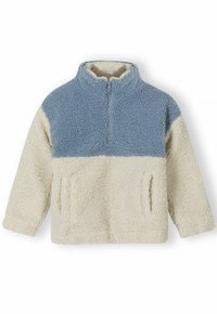 Fleecepullover mit hohem Kragen, in der oberen Hälfte in hellblau und in der unteren Hälfte in Creme, mit Seitentaschen und einem halben Reißverschluss vorne.