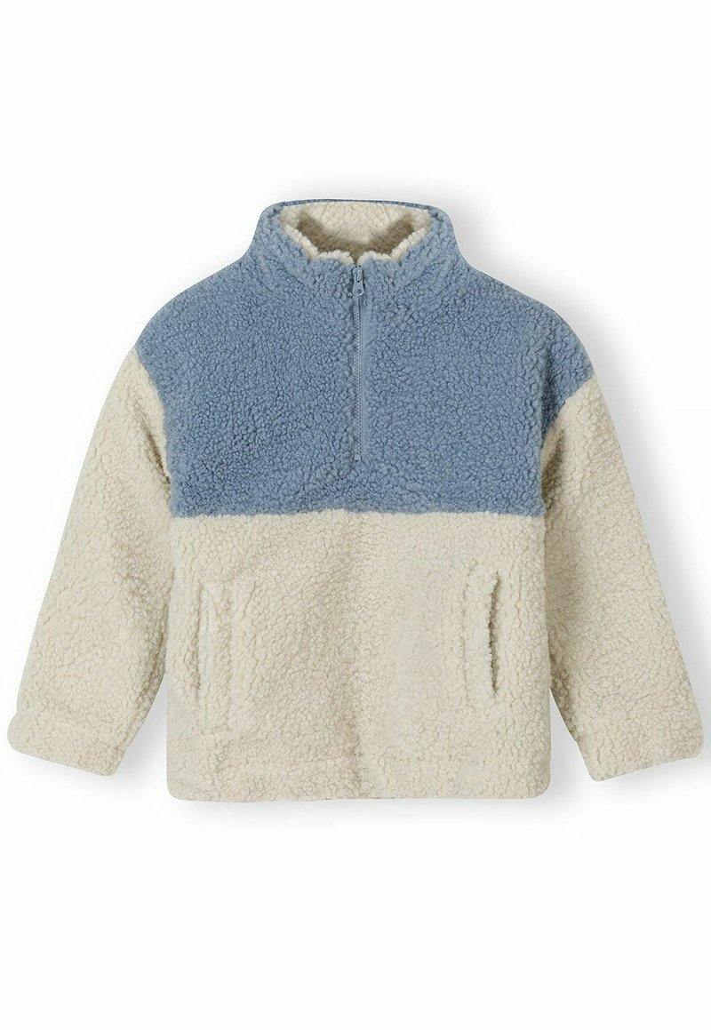 Fleecepullover mit hohem Kragen, in der oberen Hälfte in hellblau und in der unteren Hälfte in Creme, mit Seitentaschen und einem halben Reißverschluss vorne.