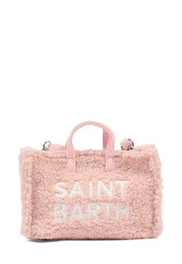Borsa in pelliccia sintetica rosa con due manici superiori, caratterizzata da testo bianco "SAINT BARTH", forma quadrata e superficie texturizzata.
