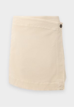 Beige denim wrap skirt with a straight shape, a button closure on the side, and visible stitching details along the hem.