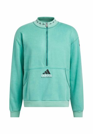 Tyrkysová mikina s vysokým límcem, předním polozipem a černým logem Adidas. Obsahuje klokaní kapsu a ribbené manžety. Měkký materiál.