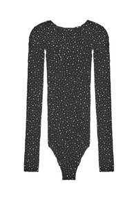 Body a maniche lunghe nero con scollo rotondo, realizzato in un tessuto texturizzato decorato con pois bianchi e argentati sparsi.