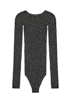 Body a maniche lunghe nero con scollo rotondo, realizzato in un tessuto texturizzato decorato con pois bianchi e argentati sparsi.