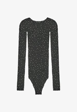 Body a maniche lunghe nero con scollo rotondo, realizzato in un tessuto texturizzato decorato con pois bianchi e argentati sparsi.