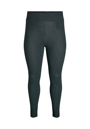 Schwarze Leggings aus strukturiertem, dehnbarem Material. Mit einem hohen Bund und einem subtilen Glanz, der ein geometrisches Muster zeigt.