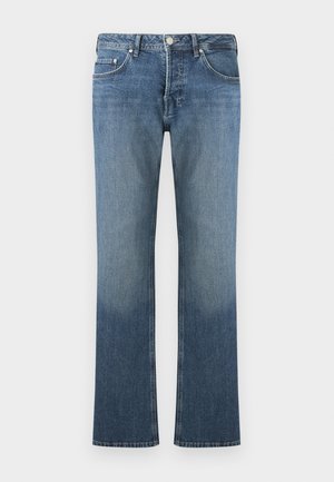 Jeans de mezclilla azul con un degradado que va de más claro en el muslo a más oscuro en la parte inferior, con bolsillos frontales y una cintura con botones.