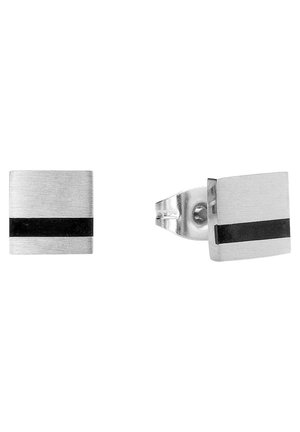 Silver square cufflinks with a brushed finish, featuring a horizontal black stripe across the center. Classic, sleek design for formal wear.