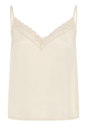 Camisolă din satin crem, cu dantelă pe marginea de sus, bretele subțiri ajustabile și o croială lejeră. Textură netedă cu un luciu subtil.