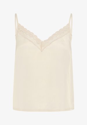 Camisolă din satin crem, cu dantelă pe marginea de sus, bretele subțiri ajustabile și o croială lejeră. Textură netedă cu un luciu subtil.