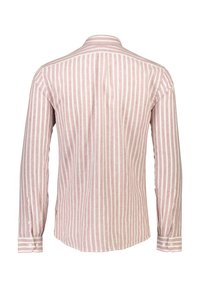 Camicia a maniche lunghe a righe in rosa chiaro e bianco, con colletto classico e polsini abbottonati, realizzata in un tessuto morbido e leggero.