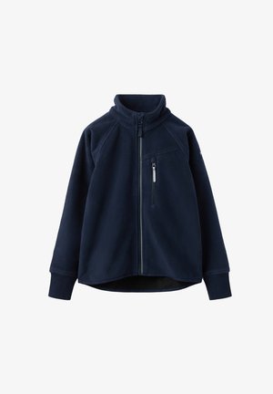Marine fleece jack met een hoge kraag, volledige rits en zijzakken. Kenmerkt zich door een zachte textuur en een relaxte pasvorm.