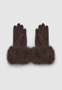 Gants marron avec un poignet en fourrure douce. Le tissu est lisse et texturé, présentant un design ajusté et des doigts légèrement effilés.