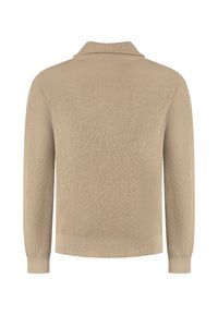 Beige geribbelde gebreide trui met eengevouwen kraag, lange mouwen en een rechte zoom. Geweven stof met een uniform patroon overal.