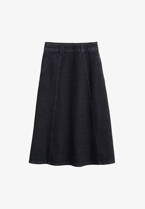 Sötét farmer A-vonalú szoknya, közepes hosszúságú kivitelben, két elülső zsebbel és finom varrási részletekkel. Oldalra záródó cipzár.