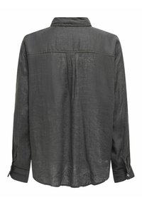 Dark grey long-sleeve shirt made of textured fabric, featuring a collar, buttoned cuffs, and a curved hemline. Back has seam detailing.