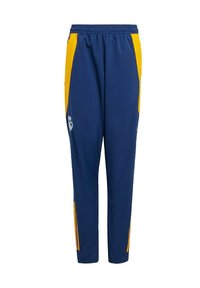 Navy blue athletic pants with yellow side panels, elastic waistband, fitted cuffs, and a logo on the left side. Made from breathable fabric.