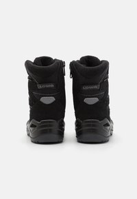 Black hiking boots with a suede upper, reinforced heel, and rubber sole. Features zippers on the side for easy wear.
