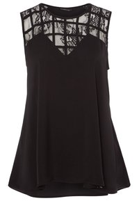 Schwarzes ärmelloses Oberteil mit einem transparenten Spitzenpanel mit geometrischen Mustern am Ausschnitt, einem weich fließenden Stoff und einem leicht ausgestellten Schnitt.