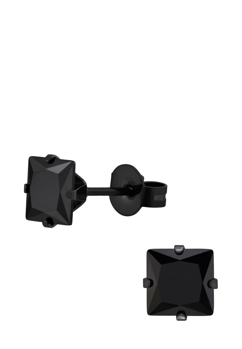 Zwarte stud oorbellen met een vierkante, facetteerde ontwerp. Gemaakt van metaal met een gladde textuur, accentueert door vier klauwen die de steen beveiligen.