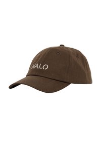 Brown cotton baseball cap featuring a curved brim and white "HALO" logo embroidered on the front. Six ventilation holes on the top.