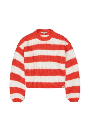Gestreifter Pullover in kräftigen Rot- und Weißtönen, mit rundem Halsausschnitt und verkürztem Design sowie gerippten Bündchen und Saum. Grobe Strickstruktur.