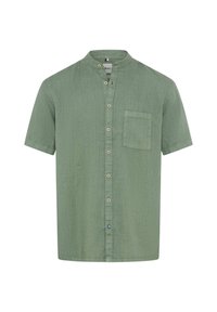 Korte mouwen, geknoopte shirt in gedempte groene kleur, gemaakt van textuurstof. Beschikt over een voorzak en knoopsluiting met crèmekleurige knopen.