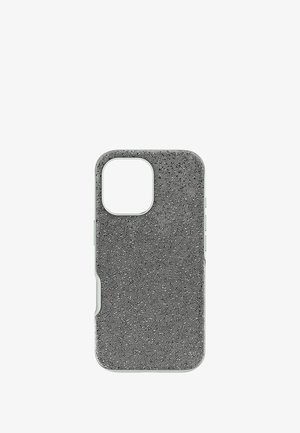 Coque de téléphone noire texturée avec un motif de points, zone ouverte pour l'appareil photo et boutons latéraux. Design fin avec une surface lisse et résistante.