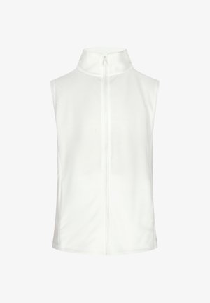 Gilet bianco senza maniche con colletto alto, dotato di chiusura frontale con zip e tessuto leggero e morbido. Design semplice senza motivi visibili.