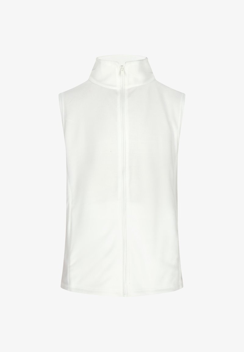 Witte mouwloze vest met een hoge kraag, voorzien van een rits aan de voorkant en gemaakt van gladde, lichte stof. Eenvoudig ontwerp zonder zichtbare patronen.
