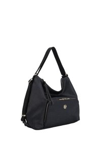 Borsa a spalla in tessuto nero con motivo testurizzato, spallaccio singolo, scomparti con zip e un emblema dorato del marchio sul davanti.