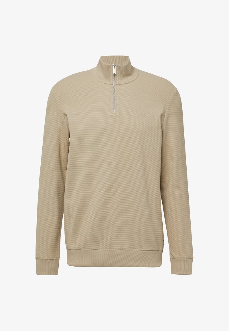Beige kwart-rits pullover gemaakt van textuurstof. Voorzien van een geribde kraag en mouwen, met een klein logo aan de voorkant. Zacht en warm ontwerp.