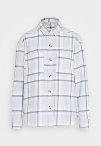 Ljusblå rutig skjorta med knappar i mjukt tyg, med två bröstfickor och träknappar, samt krage och långa ärmar.