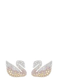 Paar halsförmiger Ohrringe, verziert mit klaren, rosa und goldenen Strasssteinen auf einer silberfarbenen Basis.