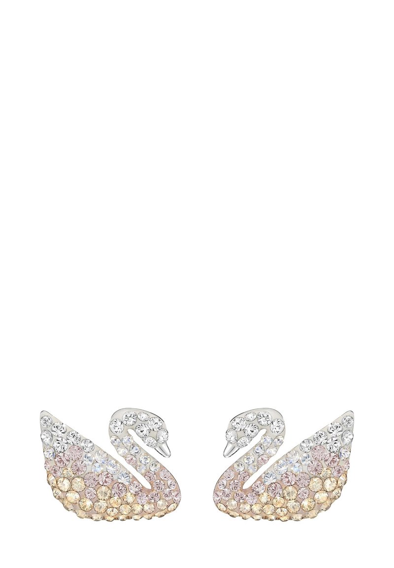 Paar halsförmiger Ohrringe, verziert mit klaren, rosa und goldenen Strasssteinen auf einer silberfarbenen Basis.