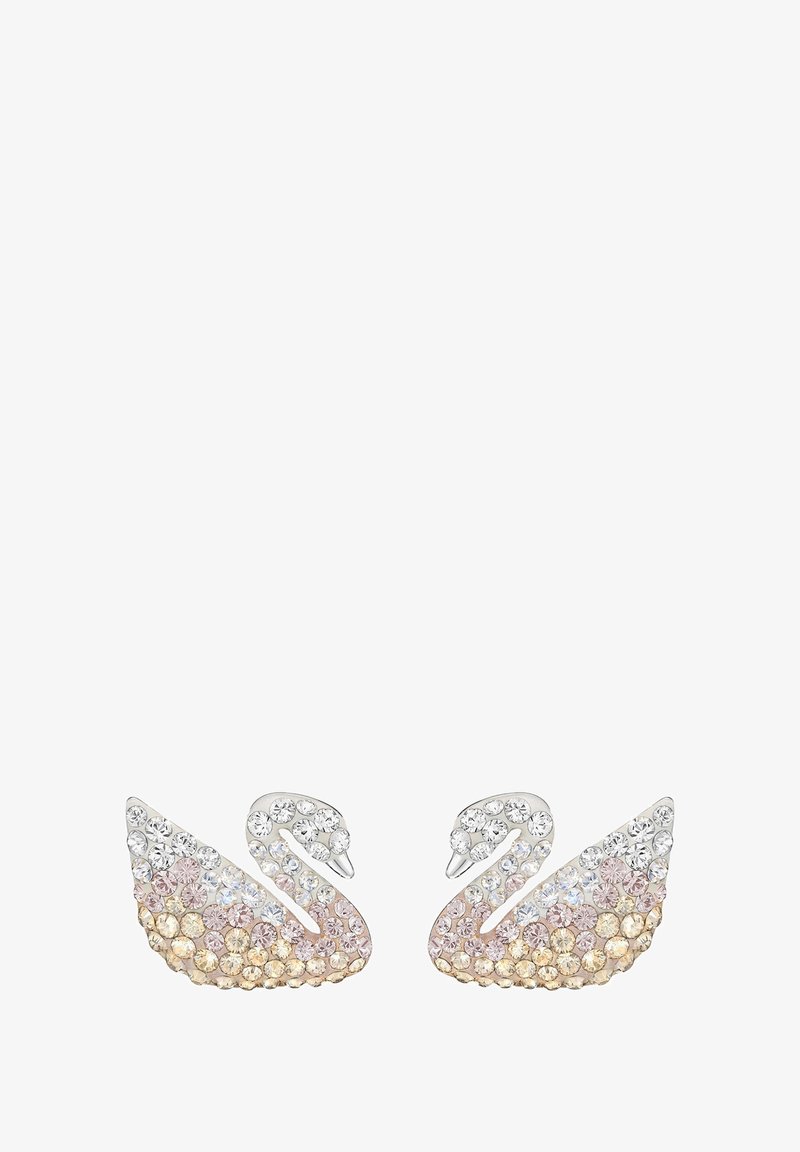 Paar halsförmiger Ohrringe, verziert mit klaren, rosa und goldenen Strasssteinen auf einer silberfarbenen Basis.