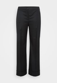 Black wide-leg trousers made from smooth fabric, featuring a button closure, front pockets, and folded cuffs at the hem.